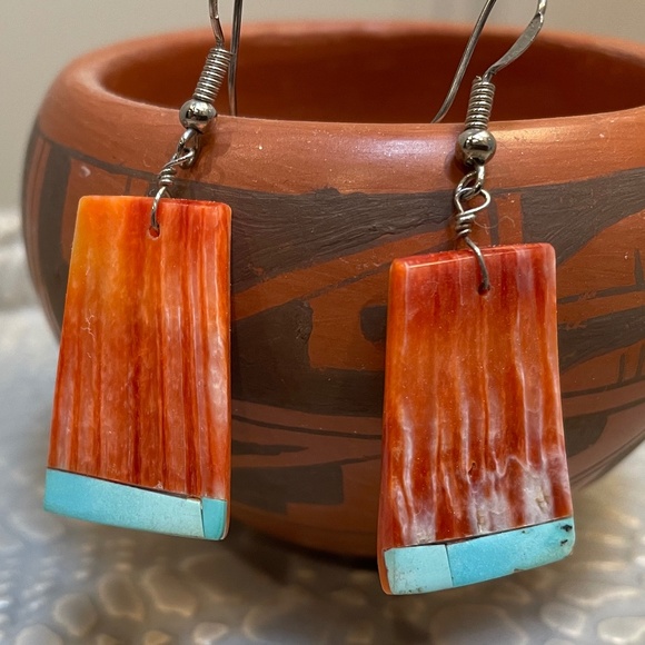 Lovely Coral and Turquoise Santo Domingo Drop Earrings - Picture 1 of 8